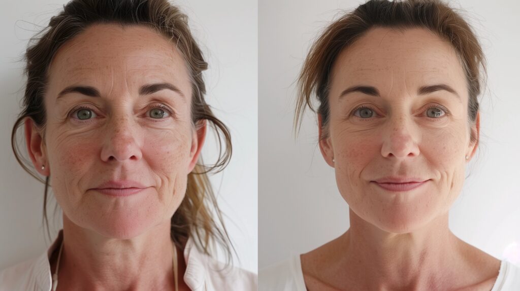 Side-by-side comparison of a woman's face before and after microneedling treatment, showing visible reduction in fine lines and improved skin texture.