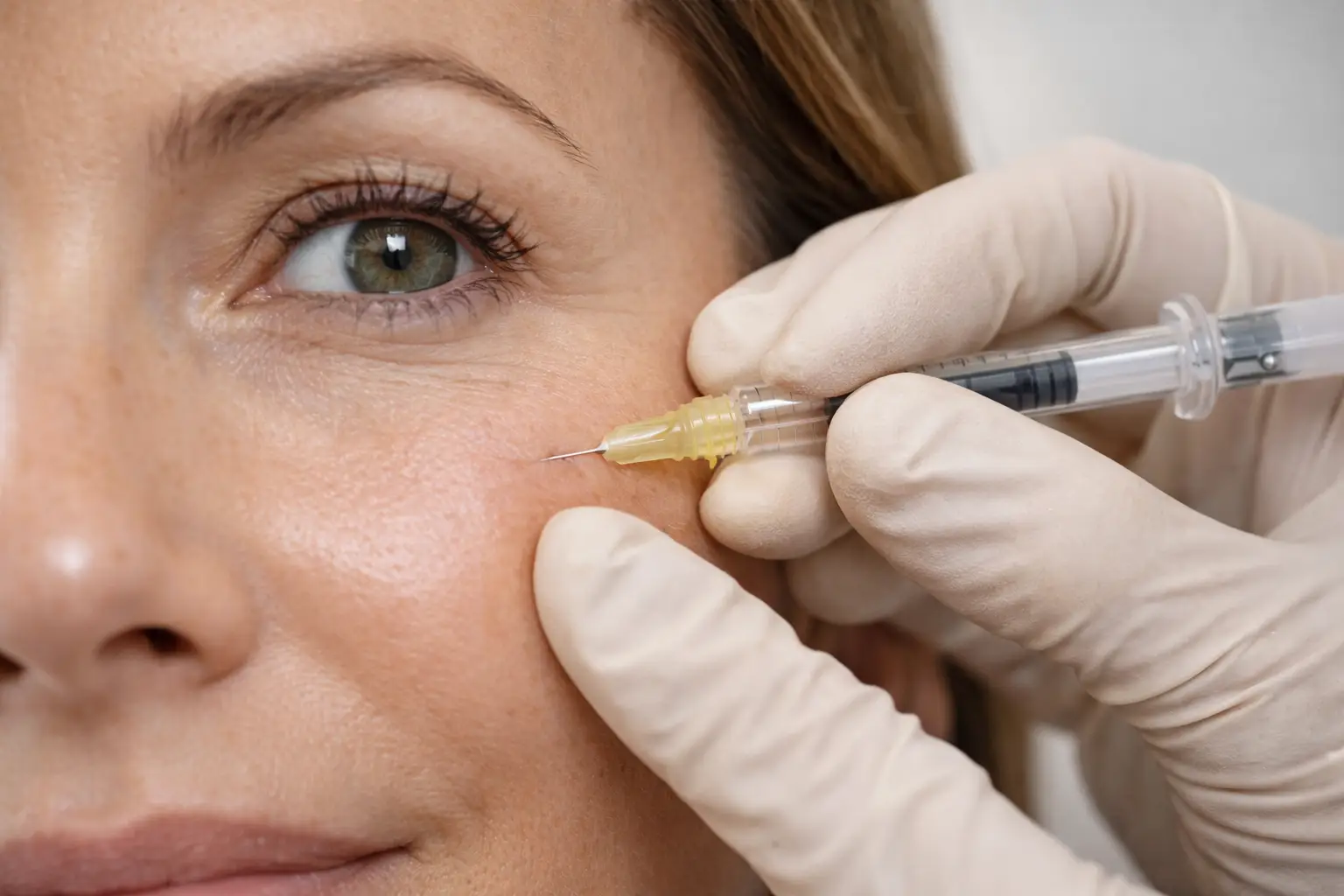 Close-up of a syringe injection near the under-eye area with gloved hands